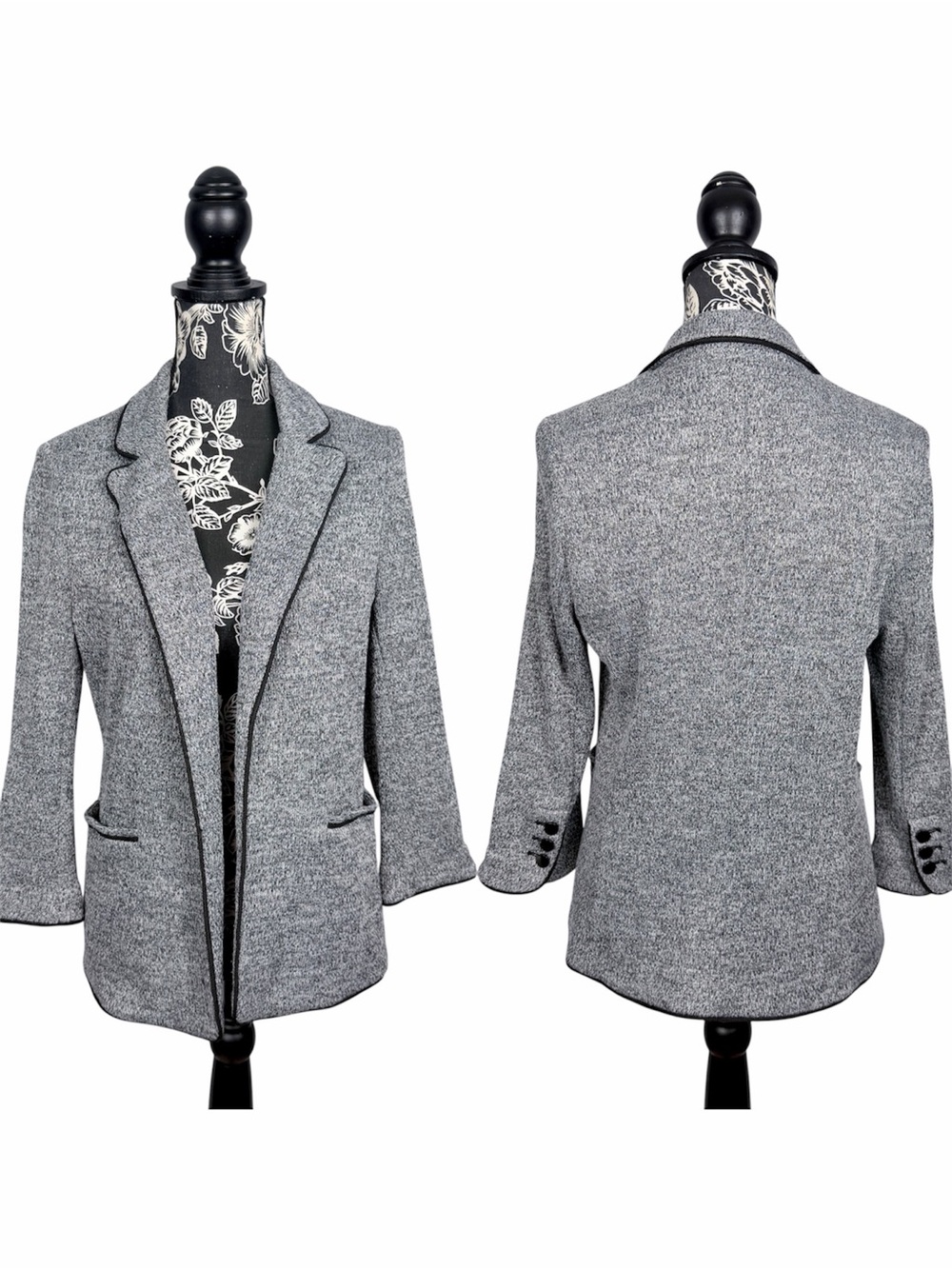Skies Are Blue grey black hem open front fitted blazer size large